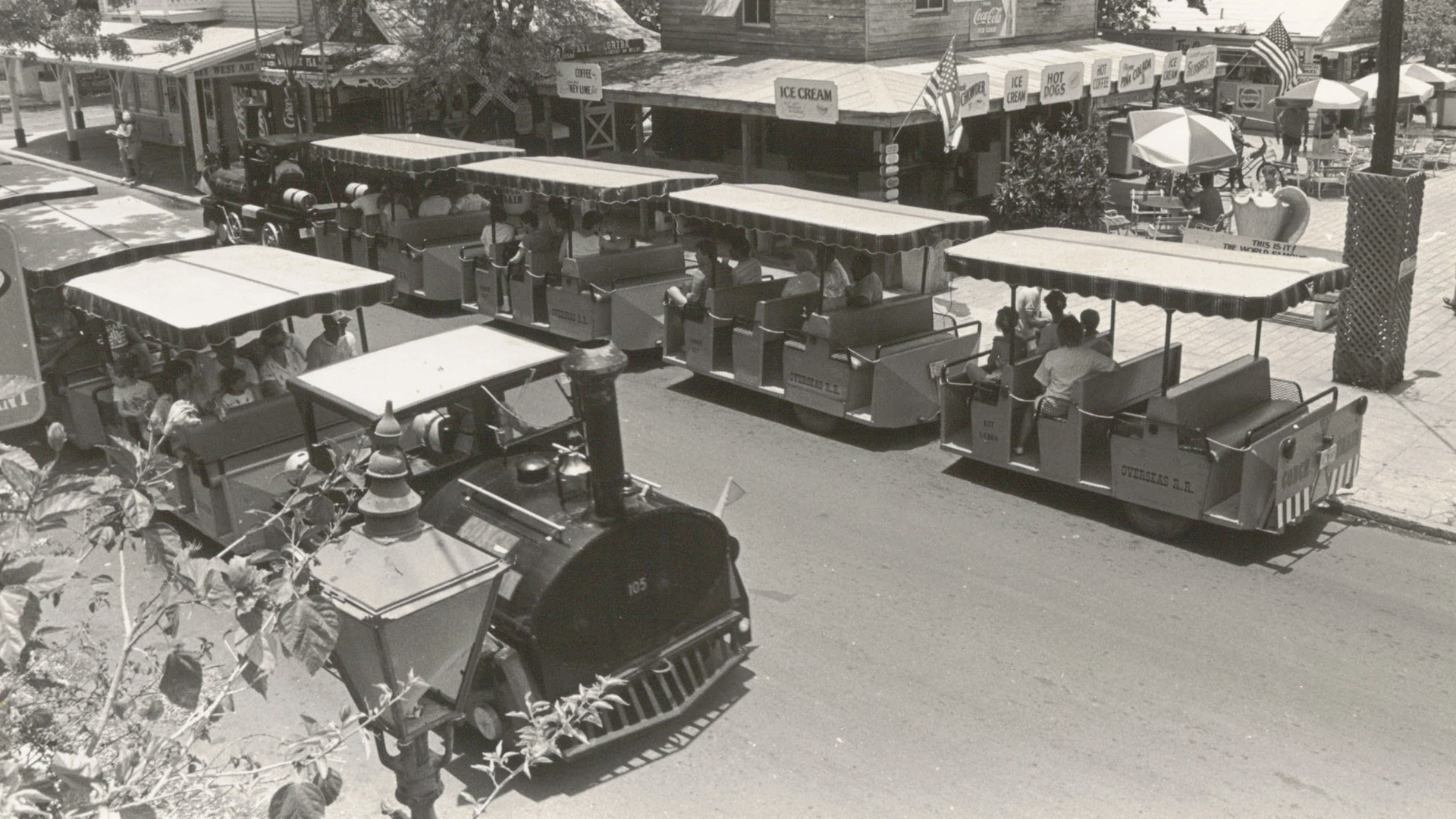 conch tour train in the 50's driving through key west